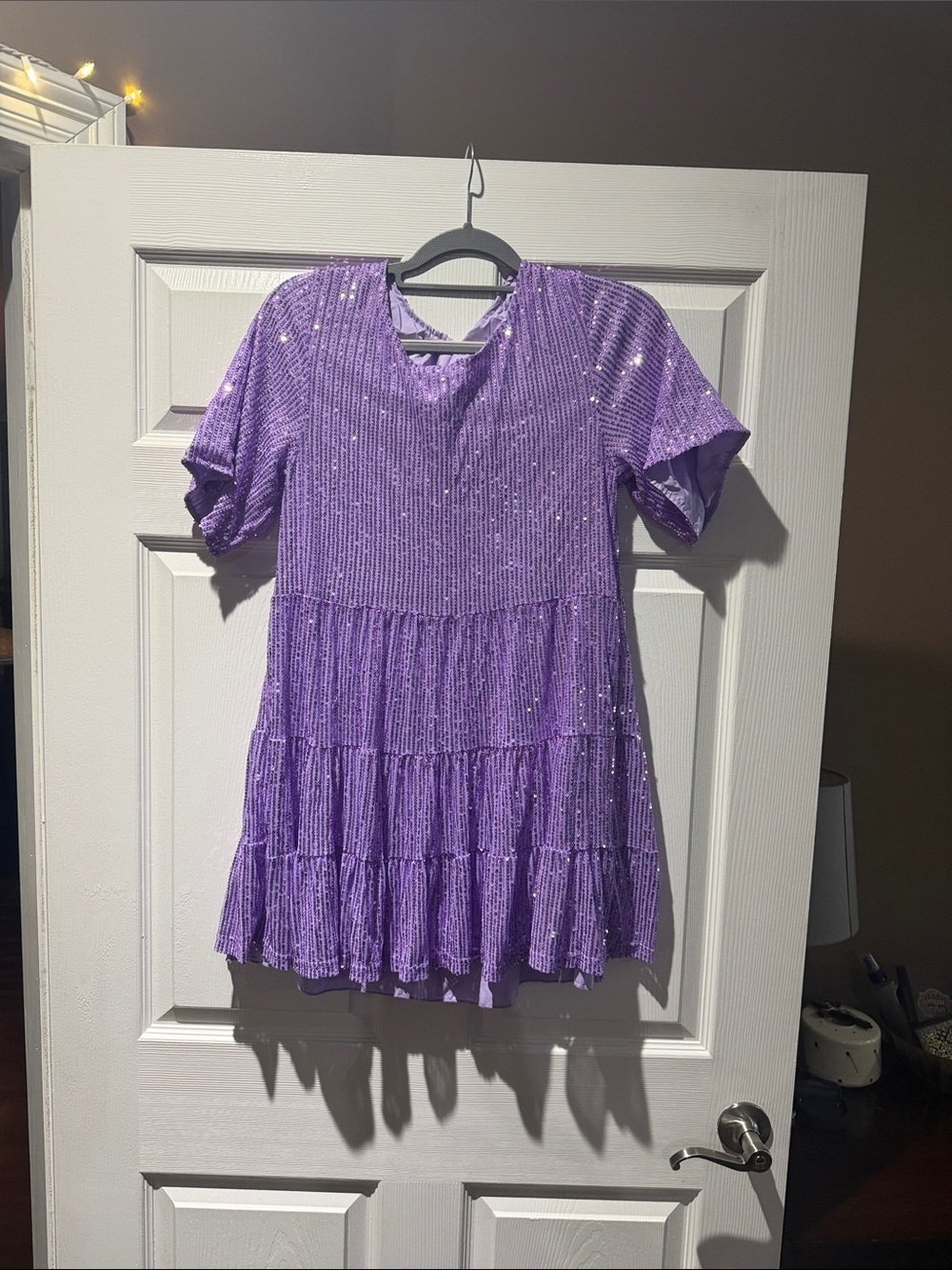 Sequin Tiered Lavender Short-Sleeve Formal Dress